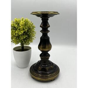 Vintage Brass Candlestick Holder Dark Bronze Gold Accent Baluster Form 9 Inches